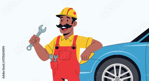 A friendly mechanic with a mustache holding a wrench next to a blue car.