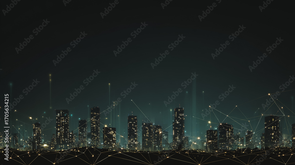 Fototapeta premium Twilight a city of modern business and smart digital innovation with a network of interconnected rewards over the cityscape of the future smart wireless digital city and social media network