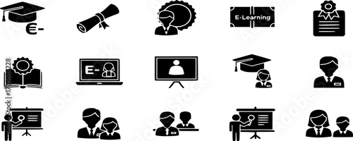 Education and learning icons. E-learning, graduation, diploma, online class, presentation, student and teacher icon vectors illustration