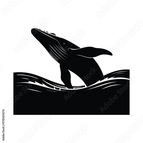 Majestic humpback whale breaches ocean surface in illustration with stylized waves and light rays
