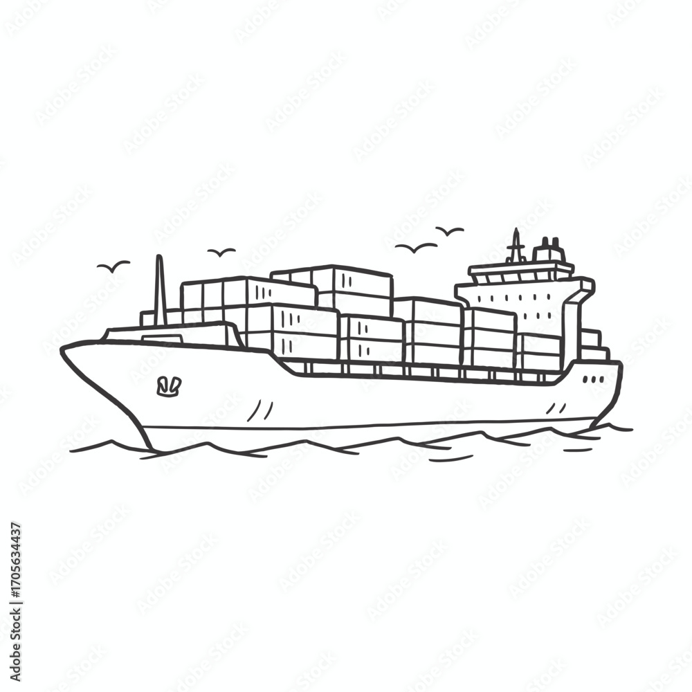 Fototapeta premium Illustration of a cargo ship carrying containers on the water, with birds flying above.