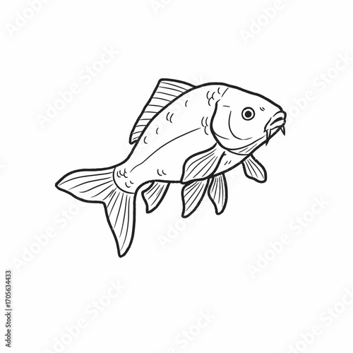 A simple black and white illustration of a koi fish swimming gracefully.