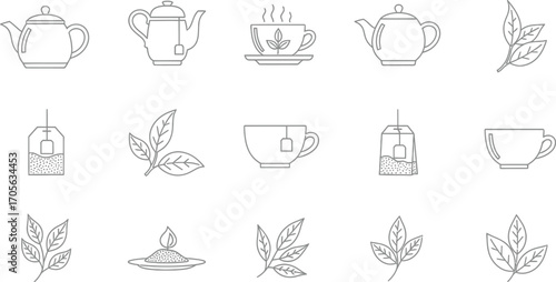Line art of tea related elements, showcasing various teapots, cups, and leaves in a minimalist and elegant style