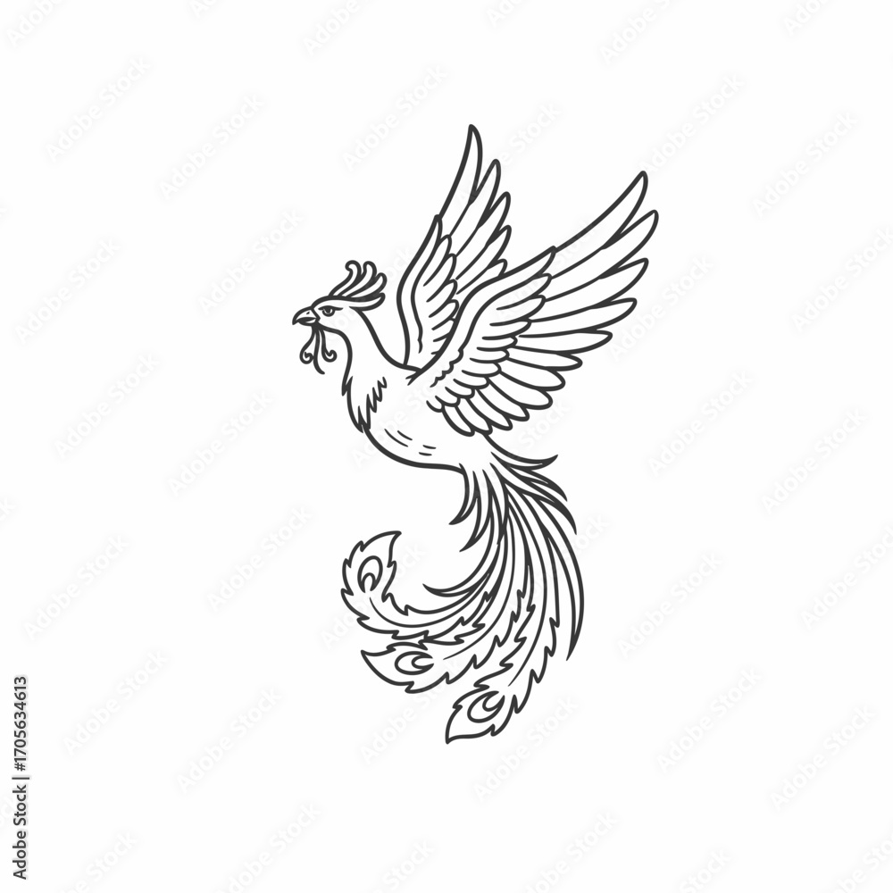 Obraz premium Detailed black and white illustration of a stylized phoenix bird in flight, holding a sprig.