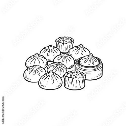Illustration of a pile of various dim sum dumplings, including bao buns and siu mai, some in a bamboo steamer.