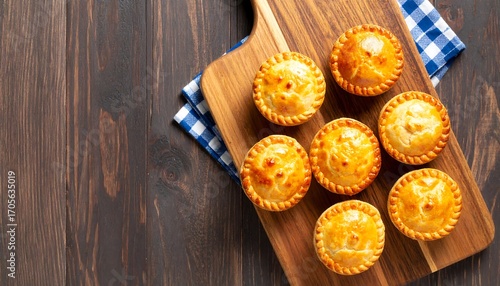 Baked meat pies arranged on a wooden board