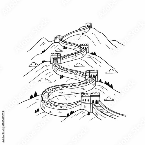 A black and white illustration of the Great Wall of China winding through mountainous terrain.