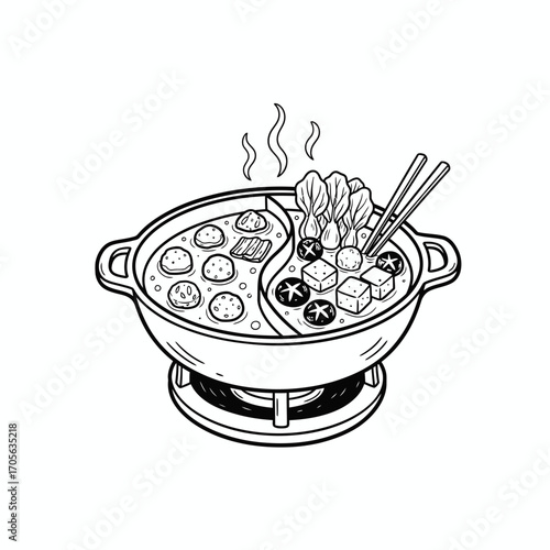Hand-drawn illustration of a hot pot with various ingredients, including meat balls, vegetables, and tofu.