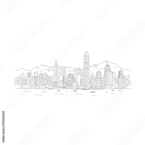 Sketch of Hong Kong's iconic skyline, featuring numerous skyscrapers and harbor boats, set against a backdrop of rolling hills.
