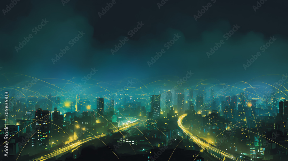 Fototapeta premium Twilight a city of modern business and smart digital innovation with a network of interconnected rewards over the cityscape of the future smart wireless digital city and social media network