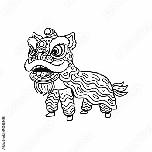 Line art illustration of a Chinese lion dance costume, featuring detailed head and body decorations.