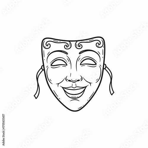 A stylized, black and white drawing of a joyful theatrical mask.