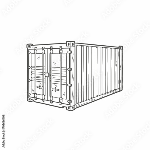 Line drawing of a shipping container, showing the doors and corrugated metal sides.