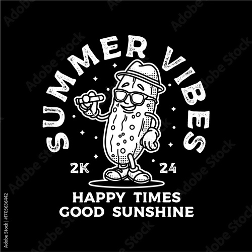 A cool cartoon pickle mascot wearing sunglasses and a hat, embodying summer vibes and good times. This fun, retro black and white illustration represents happy sunshine