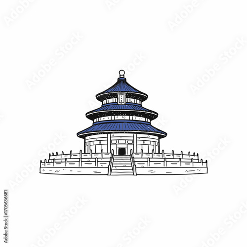 Hand-drawn illustration of the Temple of Heaven in Beijing, showcasing its tiered roof and surrounding walls.