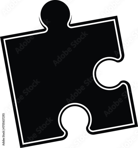 A single black jigsaw puzzle piece with a white outline, tilted slightly on a plain white background.