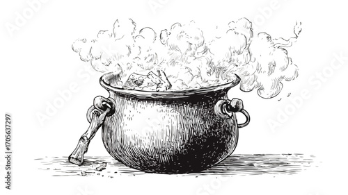 Hand Drawn Witch's Cauldron Ink Sketch for Halloween Design