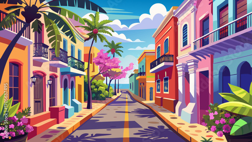 Colonial pastel facades line Old San Juan, Puerto Rico, cobblestone streets curving gently toward the turquoise Caribbean beneath swaying palms and vibrant bougainvillea blooms.