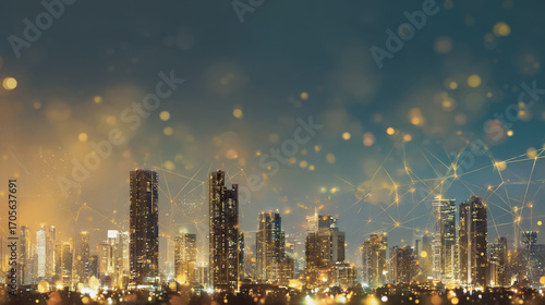Wallpaper Mural  Twilight a city of modern business and smart digital innovation with a network of interconnected rewards over the cityscape of the future smart wireless digital city and social media network Torontodigital.ca