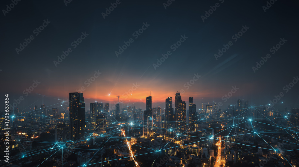 Fototapeta premium Twilight a city of modern business and smart digital innovation with a network of interconnected rewards over the cityscape of the future smart wireless digital city and social media network