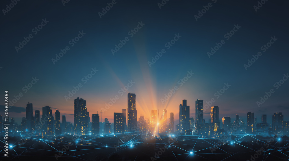 Obraz premium Twilight a city of modern business and smart digital innovation with a network of interconnected rewards over the cityscape of the future smart wireless digital city and social media network