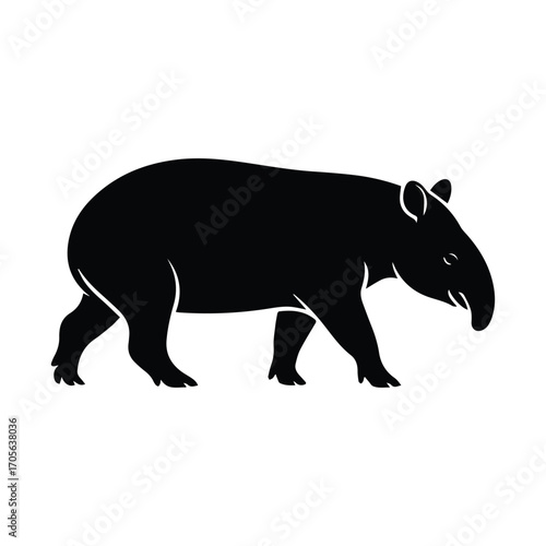 Elegant black silhouette of a tapir walking isolated on white background studio shot