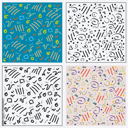 Ensemble de 4 Motifs Abstraits colorés et noir et blanc, gribouillis et formes géométriques, Illustration Vecteur Memphis