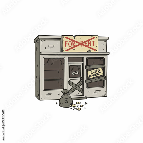 A dilapidated storefront displays "For Rent" and "Closed Permanently" signs, symbolizing economic hardship.