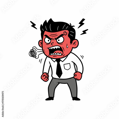 Cartoon illustration of an angry man with red face, clenched fists, and steam coming from his mouth.