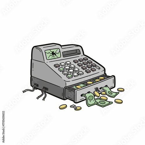 A damaged cash register, overflowing with money, suggesting financial issues.