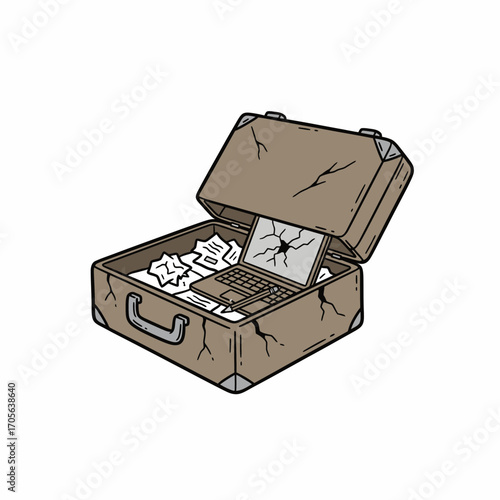 A cracked laptop sits inside an old, worn suitcase overflowing with crumpled paper.