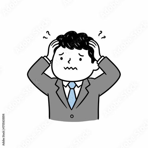 Cartoon man in suit with hands on head, expressing stress, anxiety, or frustration.