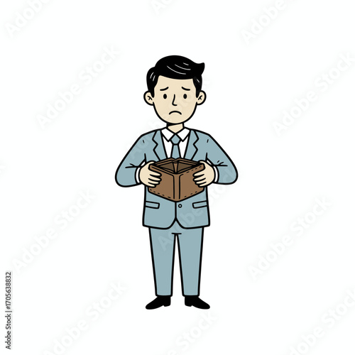 A cartoon businessman with an empty wallet, expressing sadness and financial hardship.