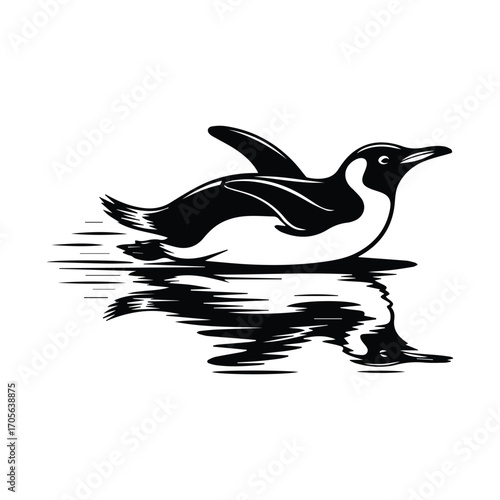 Penguin sliding on water with reflection illustration for winter season design