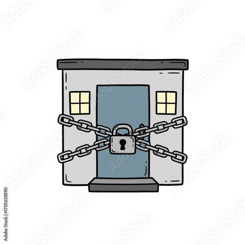 Cartoon building with a locked door secured by chains and a padlock.