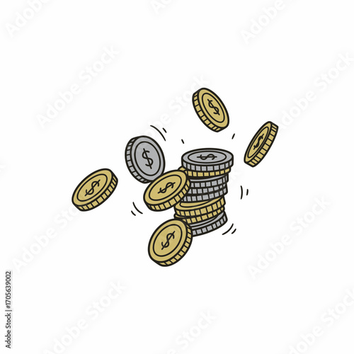 A stack of gold and silver coins, some flying, illustrating financial success or wealth.