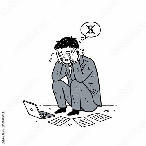 A stressed businessman sits on the floor, overwhelmed by paperwork and financial worries.
