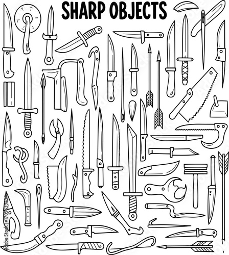 Hand-Drawn Collection of Sharp Objects: Knives, Blades, Saws, Arrows, and Various Pointed Tools Doodle Sketch