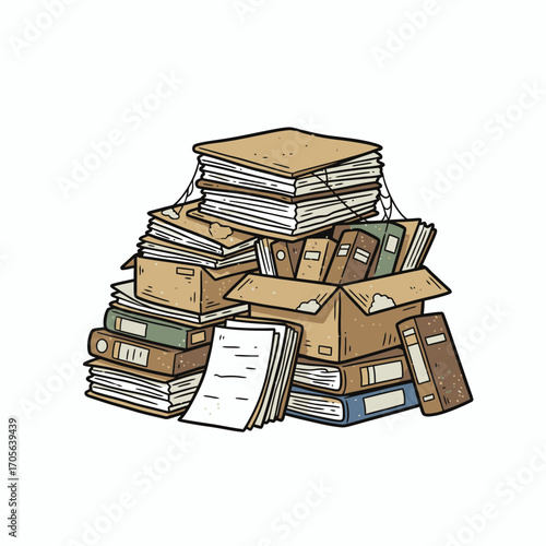 A cartoon illustration of a large pile of documents, files, and boxes.