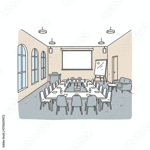 A spacious conference room, ready for a meeting, features a long table, chairs, projector, and whiteboard.