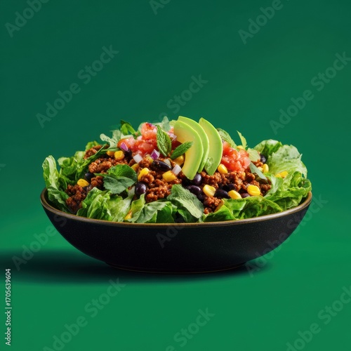Fresh vibrant taco salad in black bowl filled with crispy lettuce avocado tomato corn beans ground beef cheese and spicy salsa on green background
