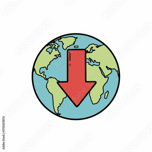 Red arrow pointing down, superimposed on a simplified world map.  Global decline or decrease concept.