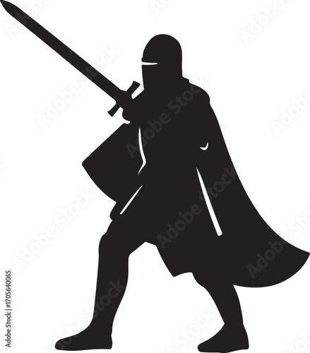Knight with sword silhouette vector design perfect for medieval, warrior, battle, armor, and heroic themes.