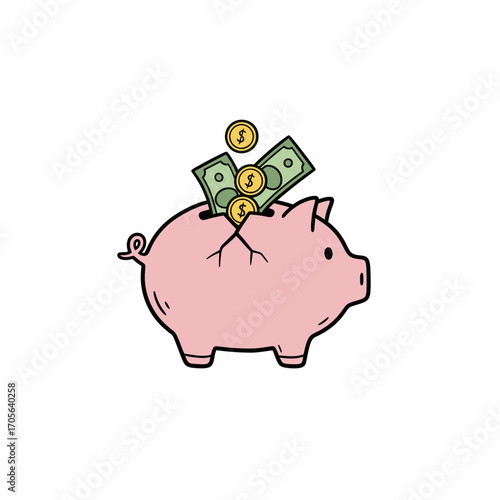 Illustration of a cracked pink piggy bank with money (coins and bills) being inserted into the slot.