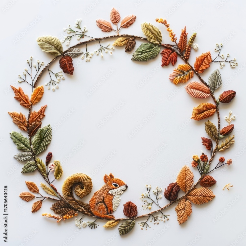 Obraz premium Autumn squirrel embroidery wreath