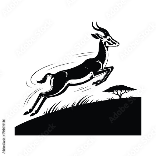 Elegant Gazelle Silhouette Leaping Across African Savanna in Black and White Illustration