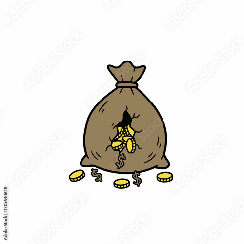 Cartoon illustration of a ripped bag with gold coins and dollar signs spilling out.