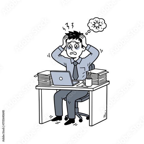 Stressed businessman at a desk overwhelmed by paperwork.