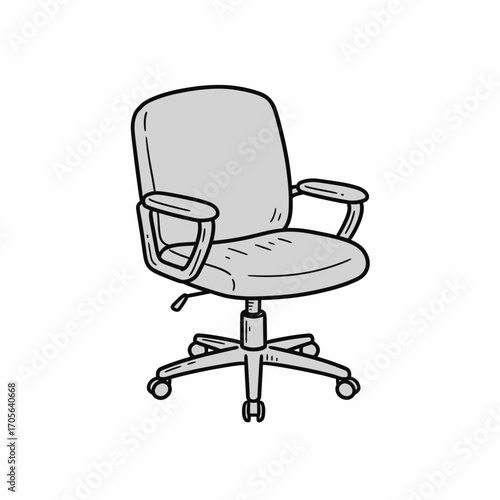 A hand-drawn sketch of a comfortable gray office chair with armrests and a swivel base.