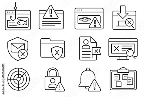 Cyber security alert outline icon set. internet safety symbols collection